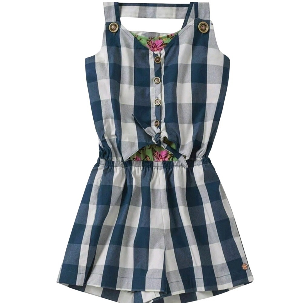 Matilda Jane Girls Romper Jumpsuit Country Roads Navy Blue White‎ Check Size 12